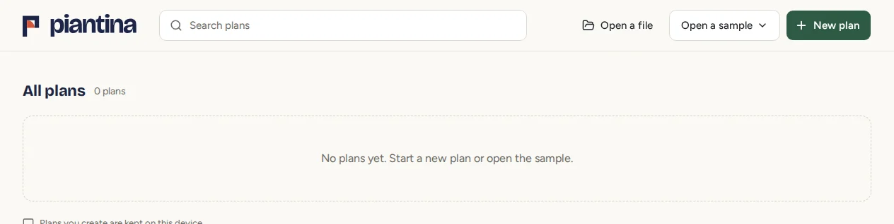 The plans page with no plans yet. The New plan button is at the top right.