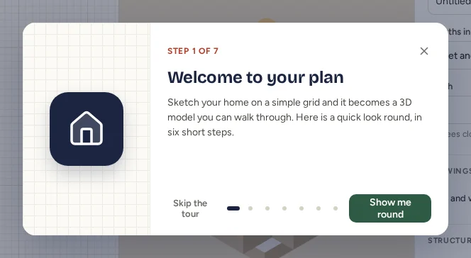 The first card of the welcome tour, Welcome to your plan, over a new plan. Skip the tour is at its bottom left, Show me round at its bottom right.