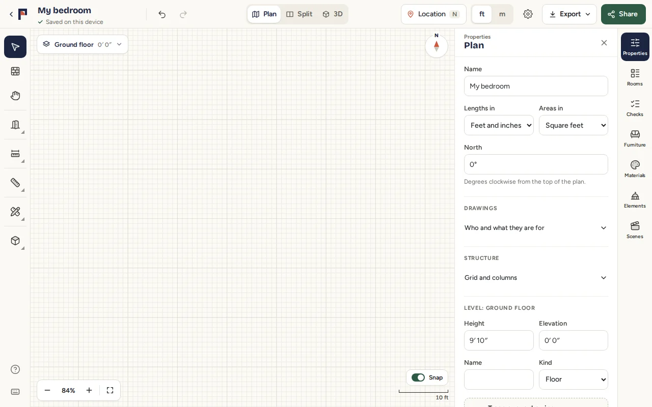 The editor showing the plan alone, named My bedroom. The drawing tools are on the left, the Properties panel on the right.