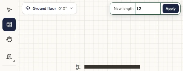 The first wall being drawn, 12 feet long, with 12 typed in the New length box at the top of the plan.