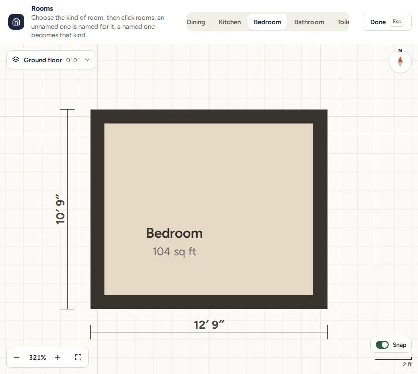 The Rooms tool's bar at the top of the plan with Bedroom chosen, and the room labelled Bedroom, 104 sq ft.
