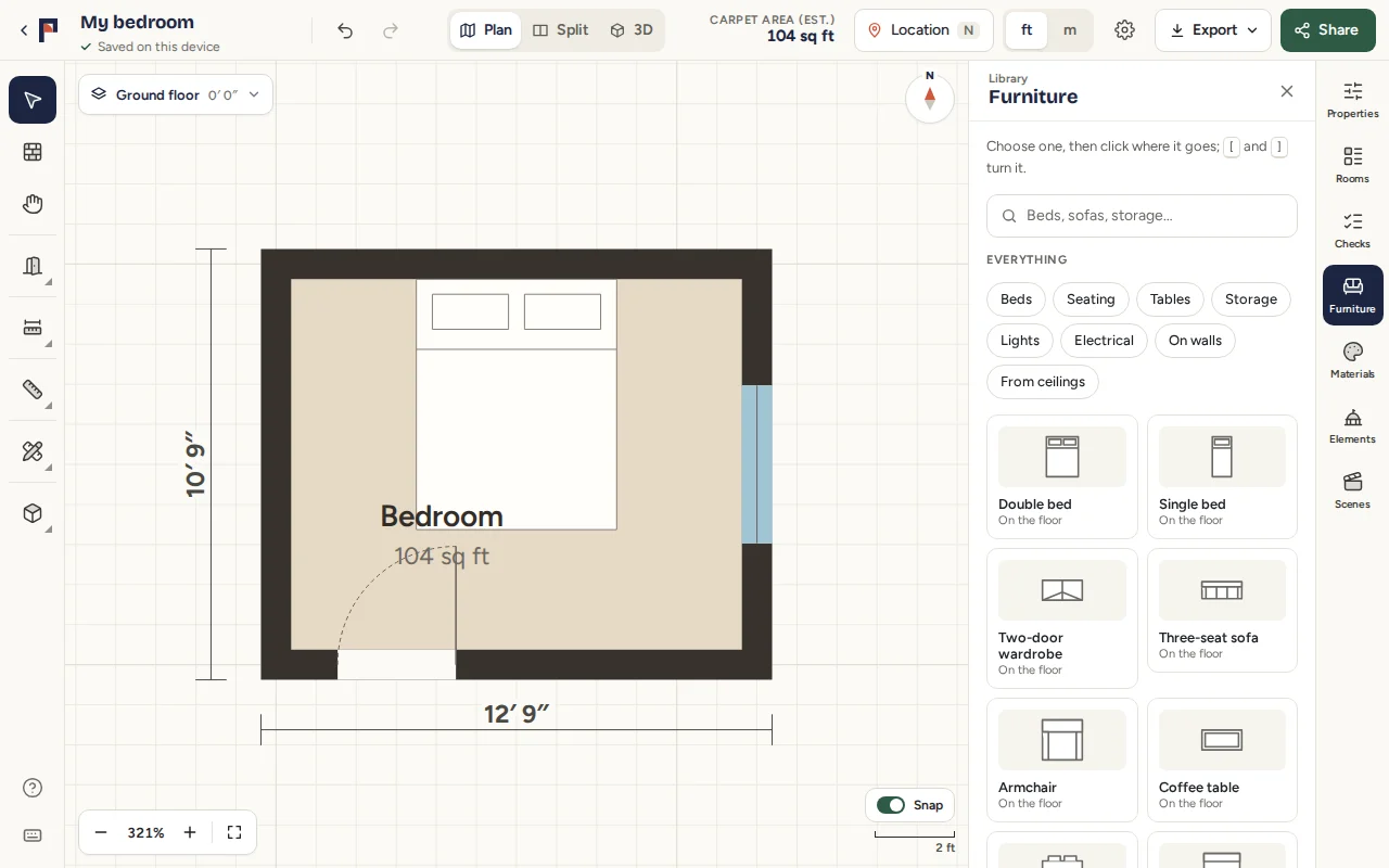 The Furniture panel open on the right, Double bed first in it, and a double bed in the room with its head against the top wall.