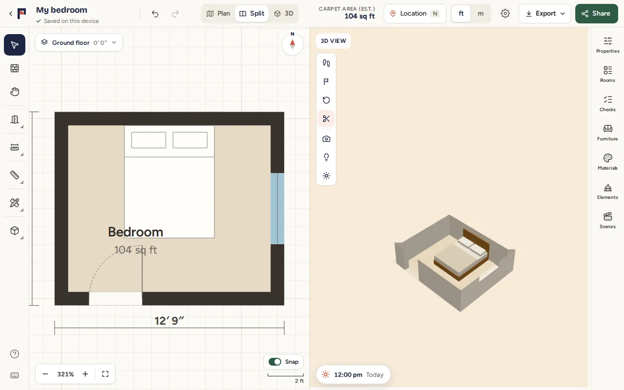 The finished bedroom: the floor plan on the left with its door, window and bed, and the same room in 3D on the right, its walls cut away to show the bed.