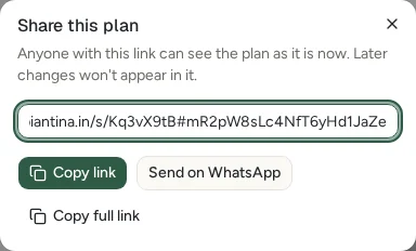 The Share this plan dialog, with the link, Copy link, Send on WhatsApp and Copy full link.